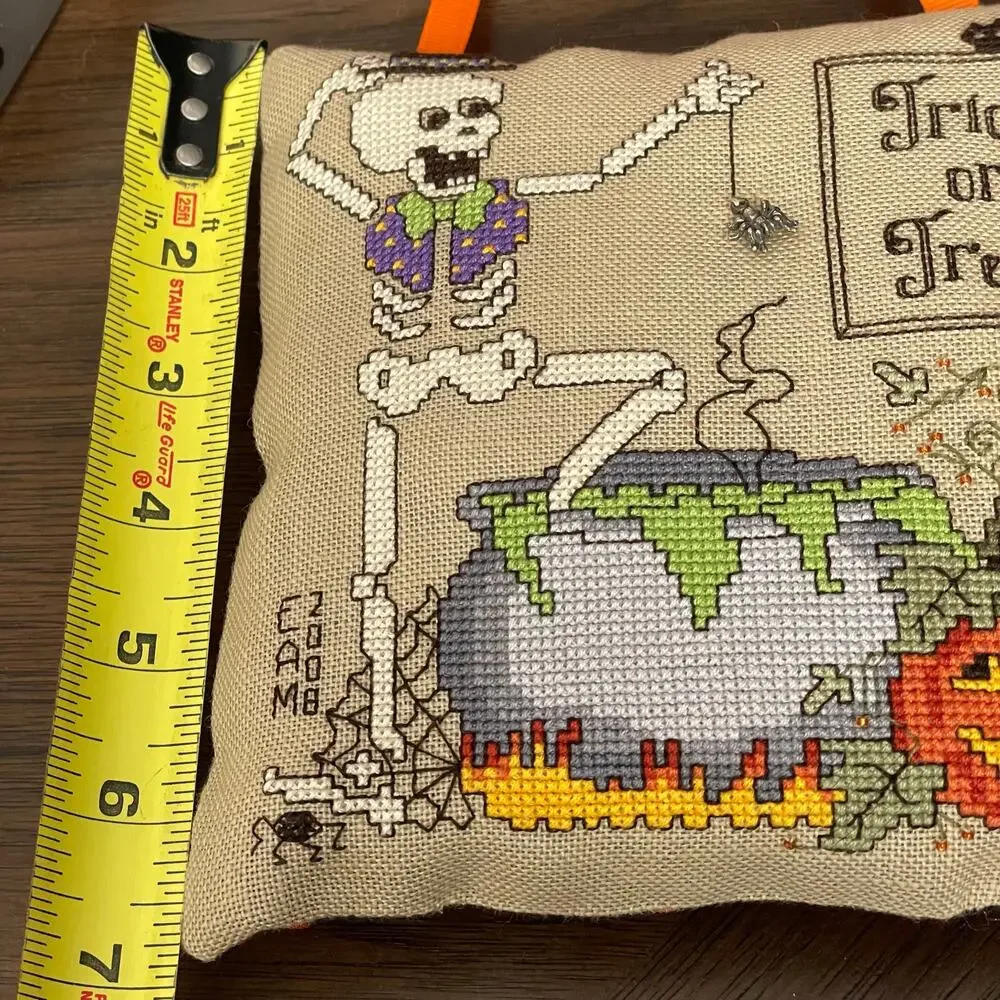 Halloween Cross Stitch Pillow Door Hanger Skeleton Trick or Treat Hanging Spider